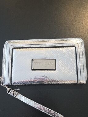White House Black Market Metallic Silver Snake-Embossed Wristlet